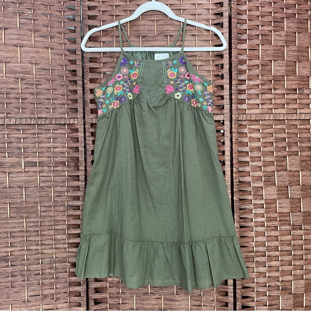 The Children's Place Olive Halter Dress  Bright Floral Embroidery, Size 10/12.
